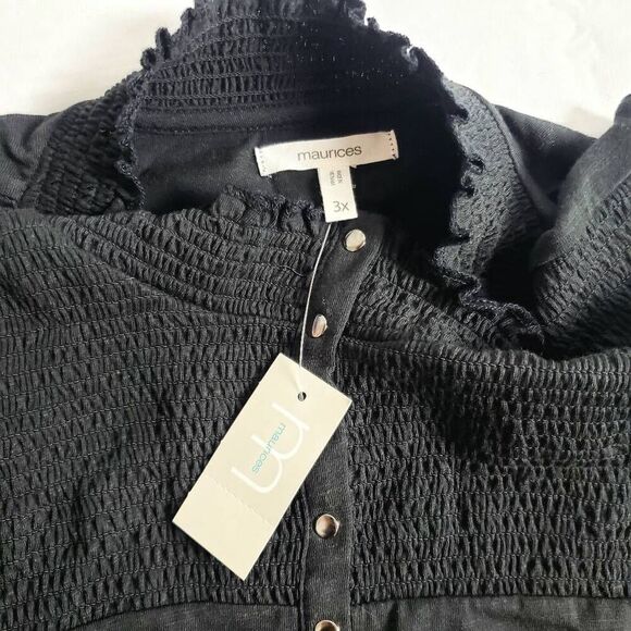 Maurices 3X Black Sleeveless Henley Tank Ruffle Neck Smocked Yoke NWT - Picture 6 of 7